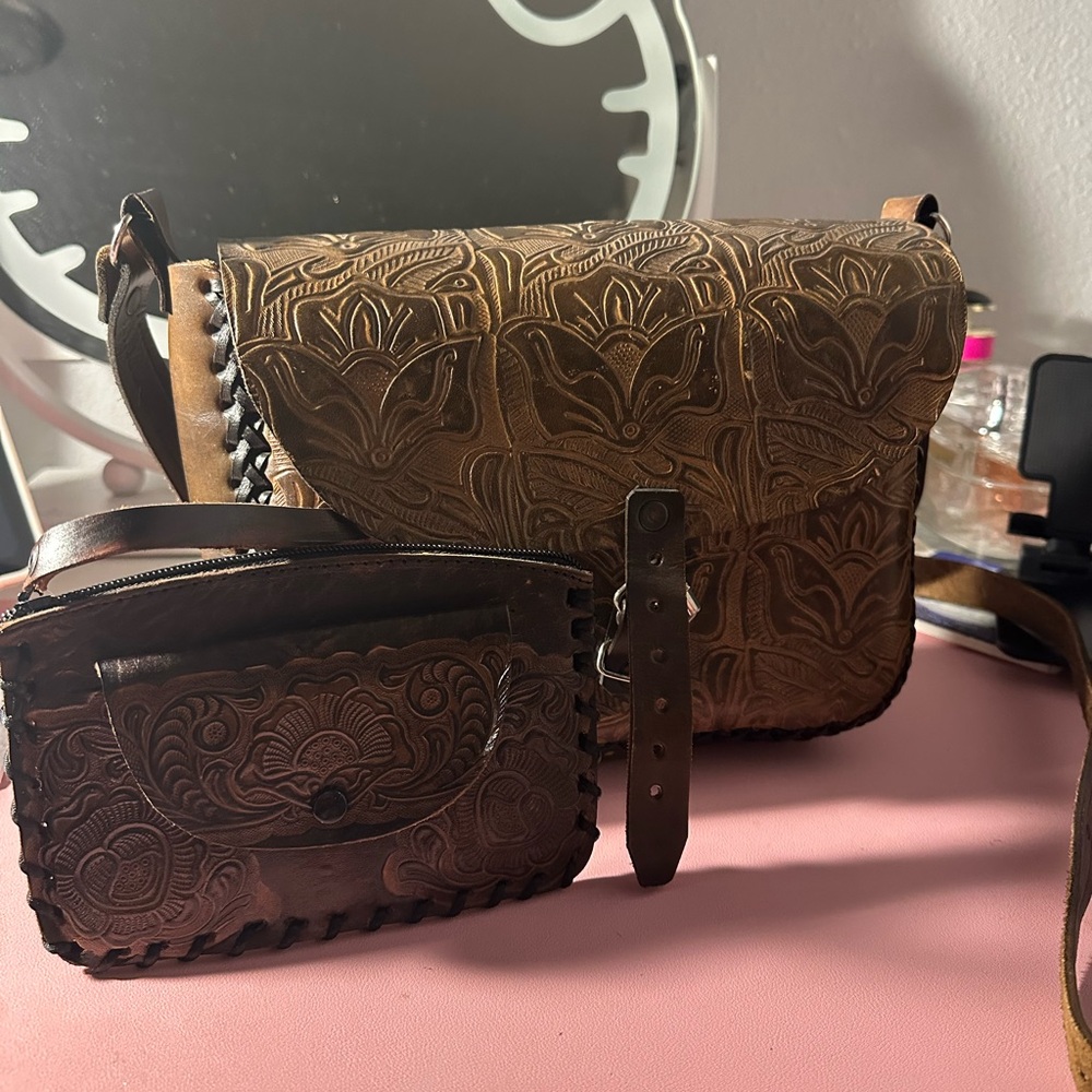 Brown Embossed Leather Women Bag Set